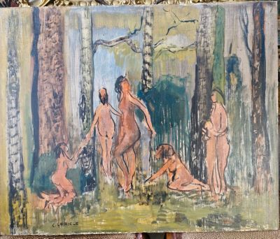 un tableau représentant un groupe de nus dans les bois