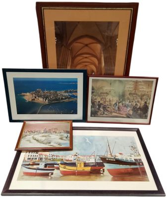 three framed pictures of boats and a boat in a wooden frame