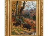 un tableau représentant trois sangliers dans une zone boisée près d'un ruisseau