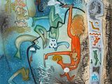 abstract painting of a group of people and animals on a blue background