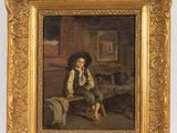 an old painting of a boy sitting on a bench in a room