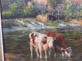 a painting of two cows standing in the water