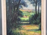 a painting of a field with trees and a house in the distance