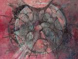 une peinture abstraite représentant un objet circulaire sur un fond rose