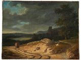an image of a painting of a landscape with a man on a horse drawn cart