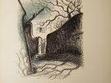 illustration of an old book with a drawing of a house and a tree