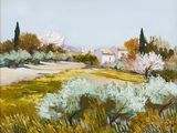 une peinture à l'huile représentant un champ avec des arbres et des buissons au premier plan