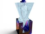 a blue glass bottle with a diamond on it
