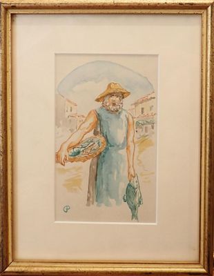 framed watercolor painting of a man with a hat and a bag