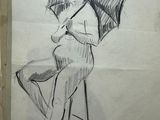 pencil drawing of a woman sitting on a stool holding an umbrella