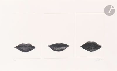 three black and white prints of lips on a white background