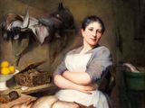 tableau représentant une femme assise à une table, avec des poissons devant elle