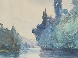 a watercolor painting of a river with trees in the background