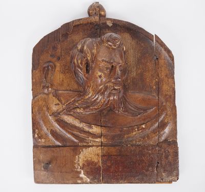 Fragment de retable en chêne sculpté XVIIème "Visage d'apôtr…