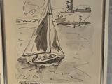 dessin représentant un voilier sur l'eau, avec un phare en arrière-plan