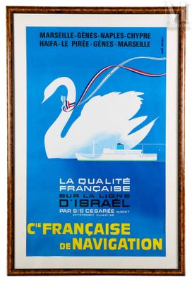 une vieille affiche représentant un cygne blanc sur fond bleu