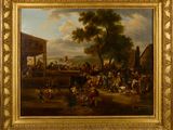an oil painting of a crowd of people gathered around a horse drawn carriage