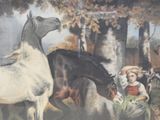 a painting of a woman feeding a horse and a dog