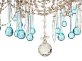 a close up of a necklace with blue glass beads