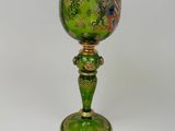 pair of green glass goblets with gold trimmings and floral designs