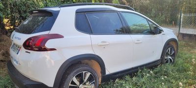 a white car that is parked in the grass