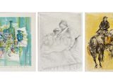 quatre dessins de couleurs différentes représentant des personnes à cheval et une calèche