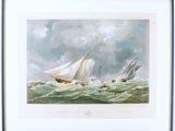 painting of two sailboats in choppy waters under a cloudy sky