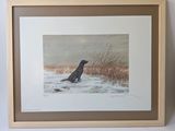 painting of a black dog standing in the snow in front of a wall