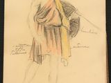 un vieux dessin représentant un homme en robe, muni d'une épée