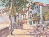 a painting of a man walking down a street with a horse drawn carriage