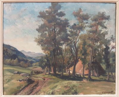 une peinture à l'huile représentant une scène de vie à la ferme, avec une grange au loin