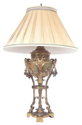 une lampe posée sur une table et munie d'un abat-jour