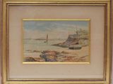 an image of a painting of a beach scene with boats in the water