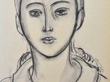 drawing of a woman ' s face with a bird perched on her shoulder