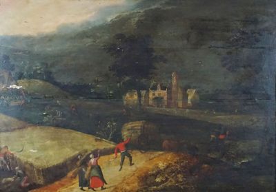 tableau représentant un tableau où l'on voit des personnages dans un paysage avec un château en arrière-plan