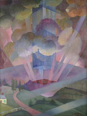 an image of a painting of a building with a sky background