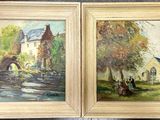 deux tableaux représentant une rivière et un pont, avec une maison en arrière-plan