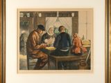 tableau représentant une famille jouant aux cartes autour d'une table dans un salon