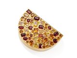 a close up of a brooch with various colored stones on it