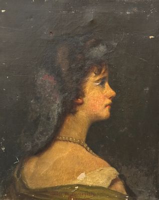 an oil painting of a woman in a green dress with a veil
