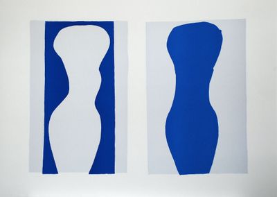 two blue and white images of a woman ' s torso and a man ' s torso
