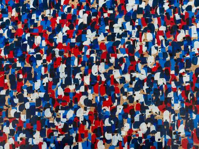 an abstract painting of a crowd of people in red, white, and blue