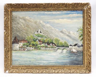 an oil painting of a village on a lake with a mountain in the background