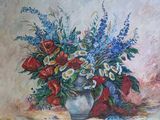 une peinture à l'huile représentant un vase de fleurs sur une table