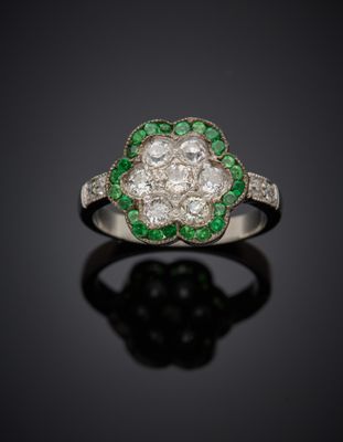 an art deco diamond and emerald cluster ring