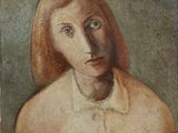 an old painting of a woman with red hair and a white shirt