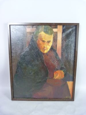 painting of a woman sitting at a table with an apple in her hand