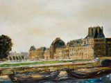 une peinture à l'huile représentant une scène fluviale avec des bateaux au premier plan et un bâtiment à l'arrière-plan