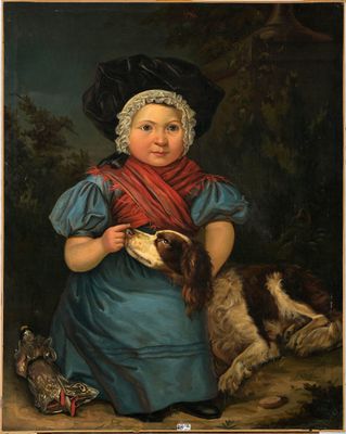 Huile sur toile "Portrait d'une fillette accompagnée de son …