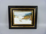 an oil painting of a snowy landscape with mountains in the background